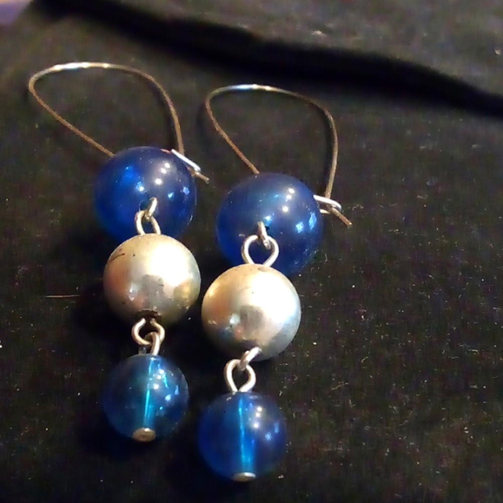 Unique silver earrings with blue and silver beads